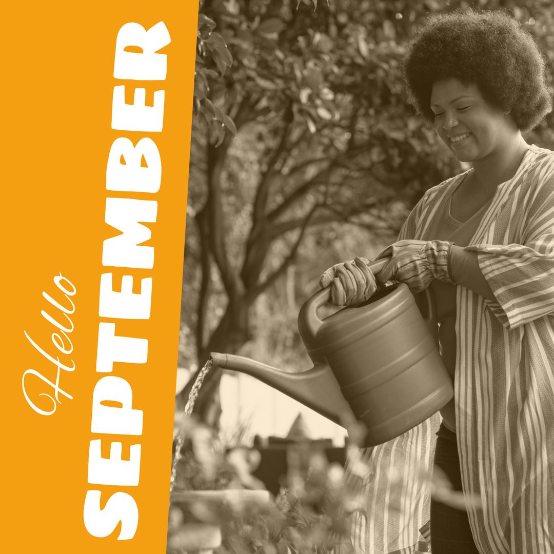 Joyful Woman Watering Plants in Autumn Garden