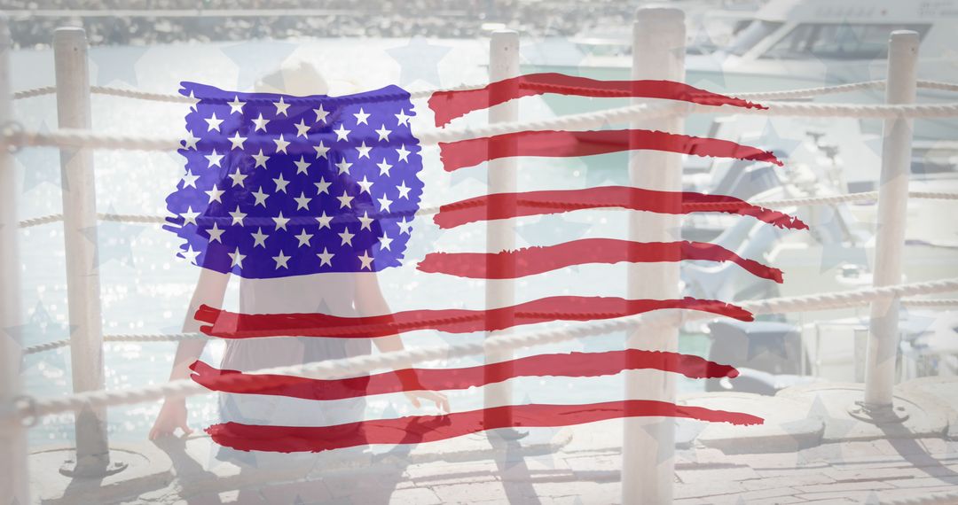 Overlay of American Flag with Serene Harbor View