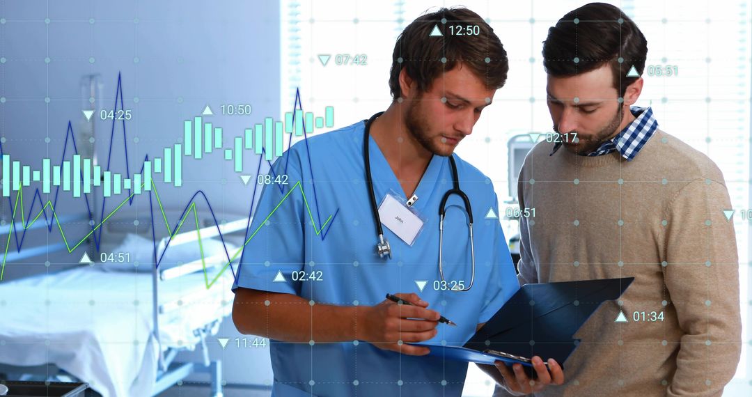 Doctor Reviewing Patient Chart with Data Analytics Overlay in Hospital Room