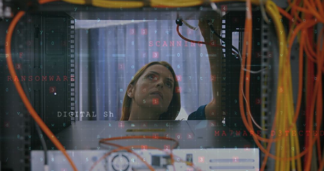 Female Engineer Analyzing Server in Data Center Cybersecurity Concept