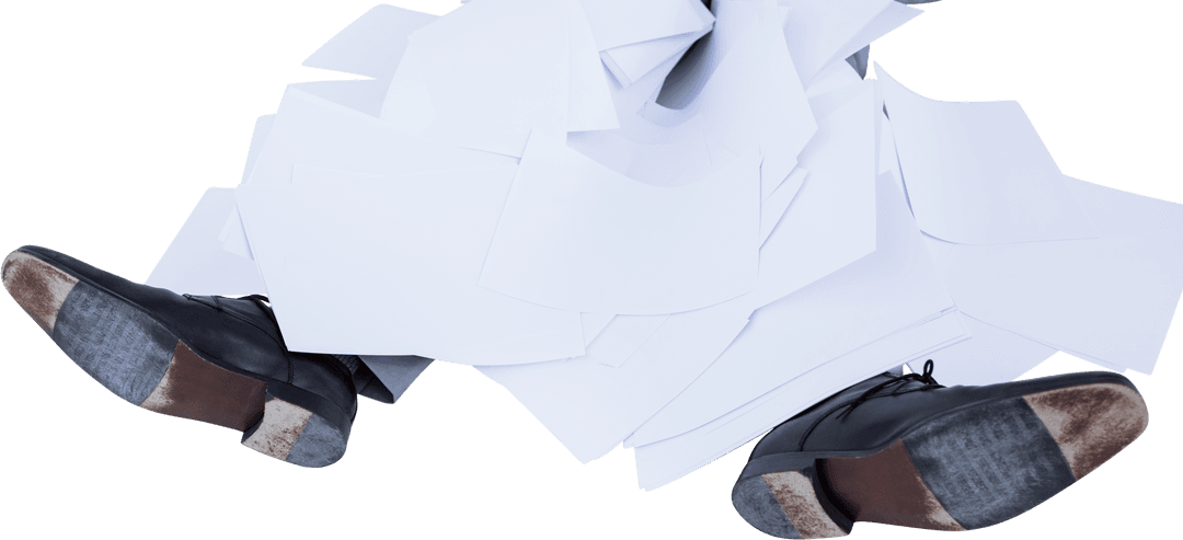 Transparent Overworked Businessman buried in Pile of Documents with Shoes Visible