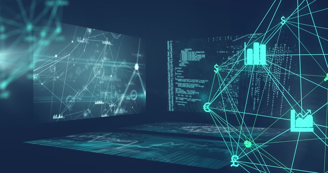 Futuristic Digital Interface with Data Processing and Business Icons