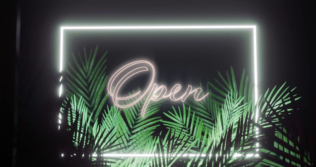 Neon Open Sign with Palm Leaves on Black Background