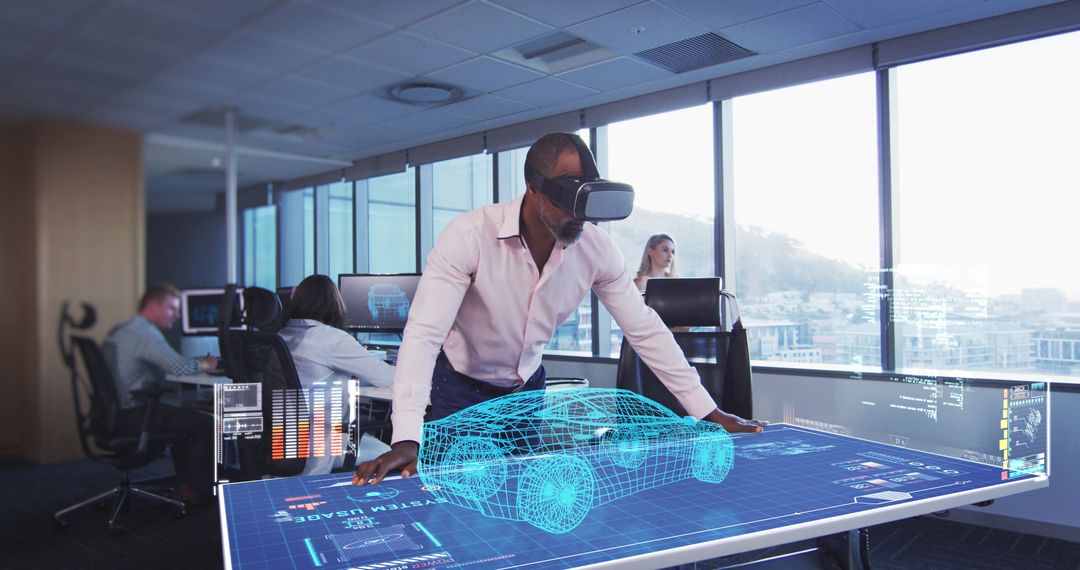 Engineer Utilizing VR for Futuristic Car Design in Office