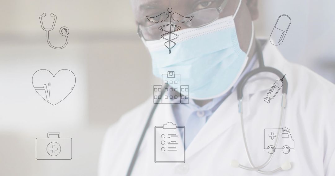 Doctor in Lab Coat with Medical Icons Overlay in Clinical Setting