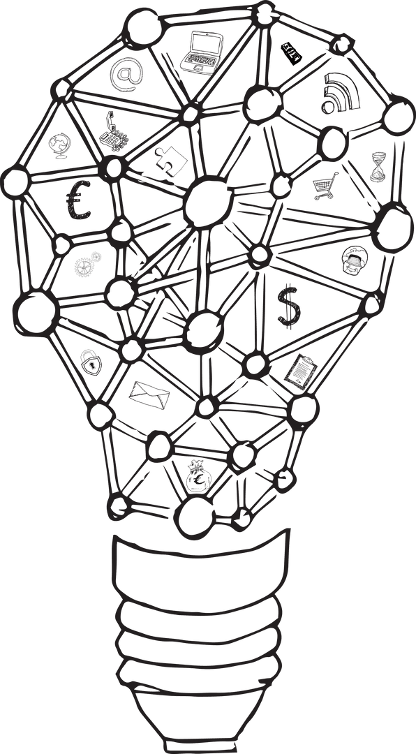 Innovative Transparent Lightbulb Network with Currency and Media Icons