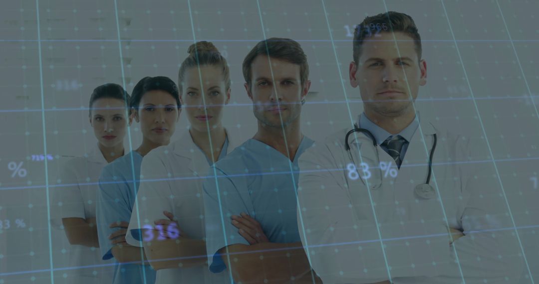 Healthcare Professionals in Modern Digital Laboratory with Grid Overlay