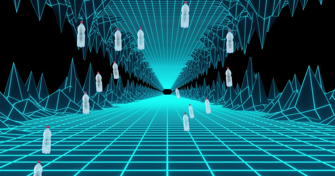 Plastic Bottles Floating in Neon Cyber Environment
