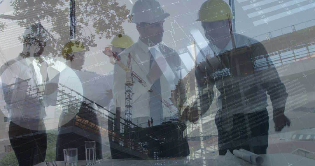 Architects Discussing Construction Plans with Data Overlay