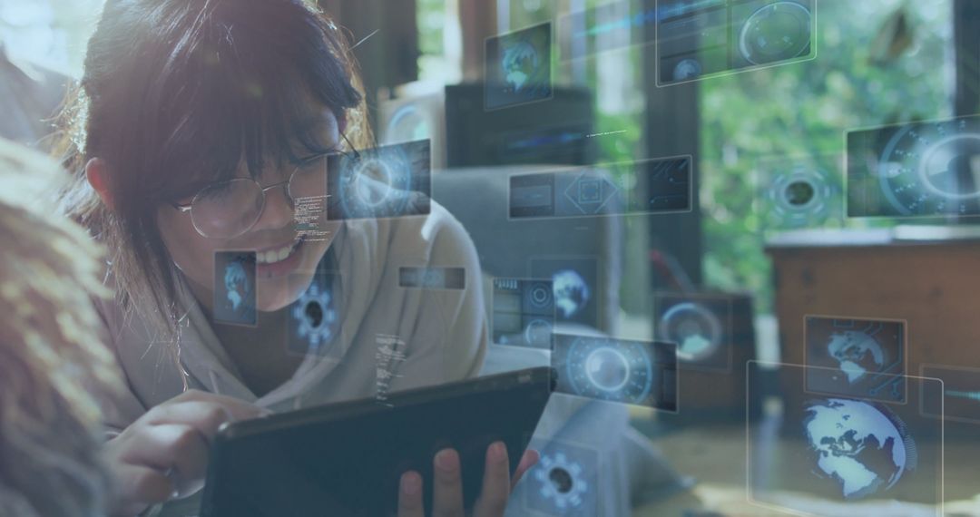 Teen Engaging with Futuristic Virtual Interface in Modern Home Setting