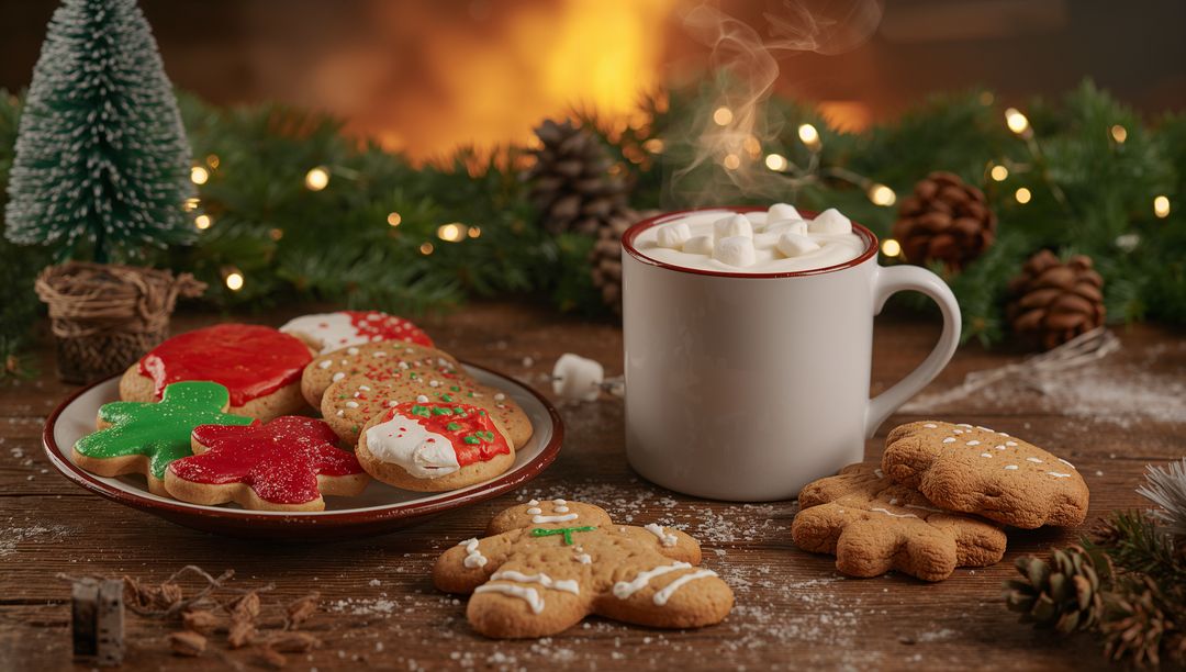 Cozy Winter Scene with Festive Cookies and Hot Chocolate