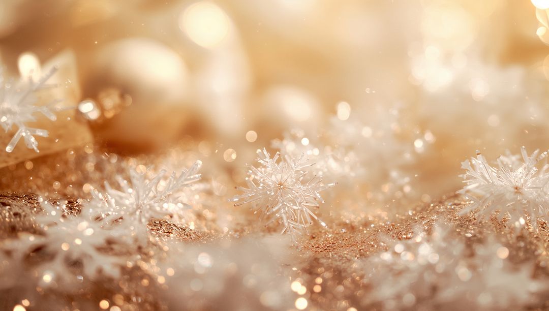 Shimmering Snowflake Crystal Resting on Golden Glitter Surface with Warm Bokeh Macro Glow