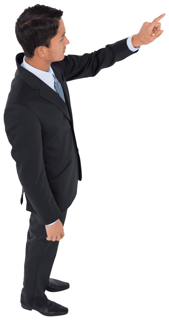 Focused Asian Businessman Point with Index Finger on Transparent Background