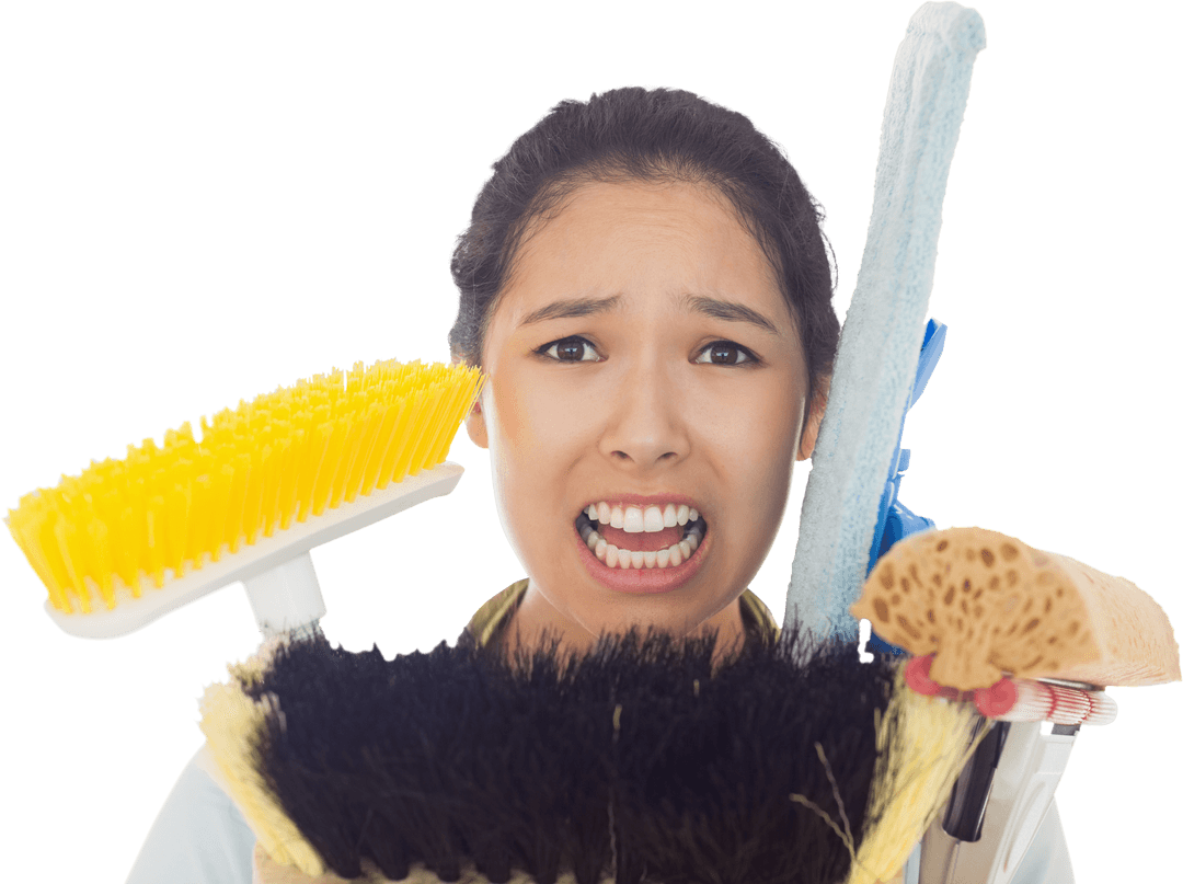 Stressed Young Woman Surrounded by Various Cleaning Tools Transparent