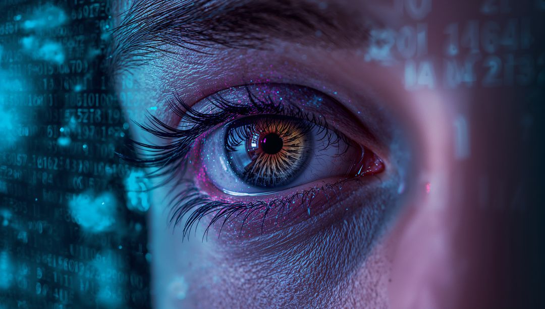 Close-Up Eye Reflected Neon Lighting with Digital Code Background