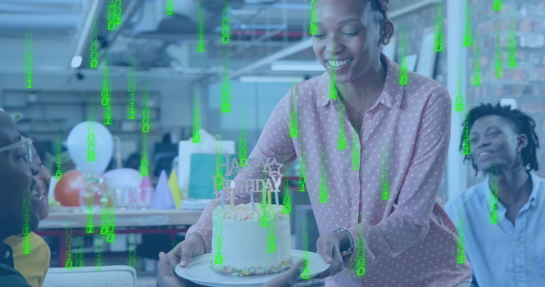 Office birthday celebration with smiling colleague carrying cake and binary code overlay