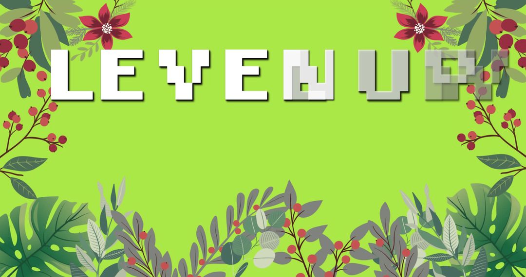 Level Up Text with Floral Elements on Green Background