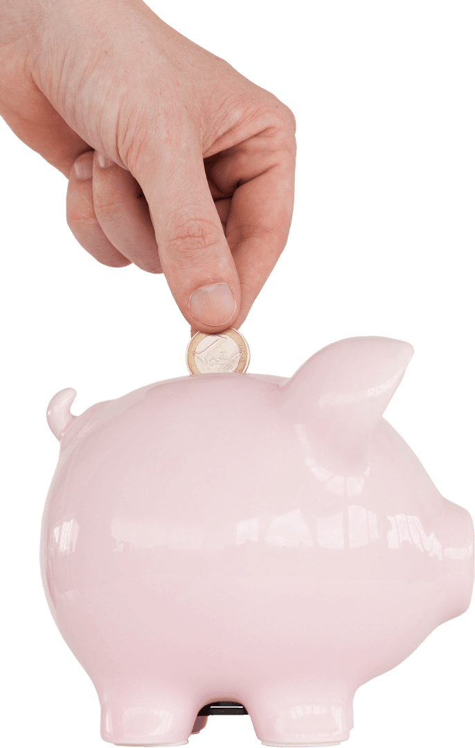Hand Inserting Coin into Pink Piggy Bank on Transparent Background