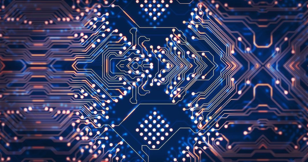 Complex Tech Circuit with Network Connections on Blue Background