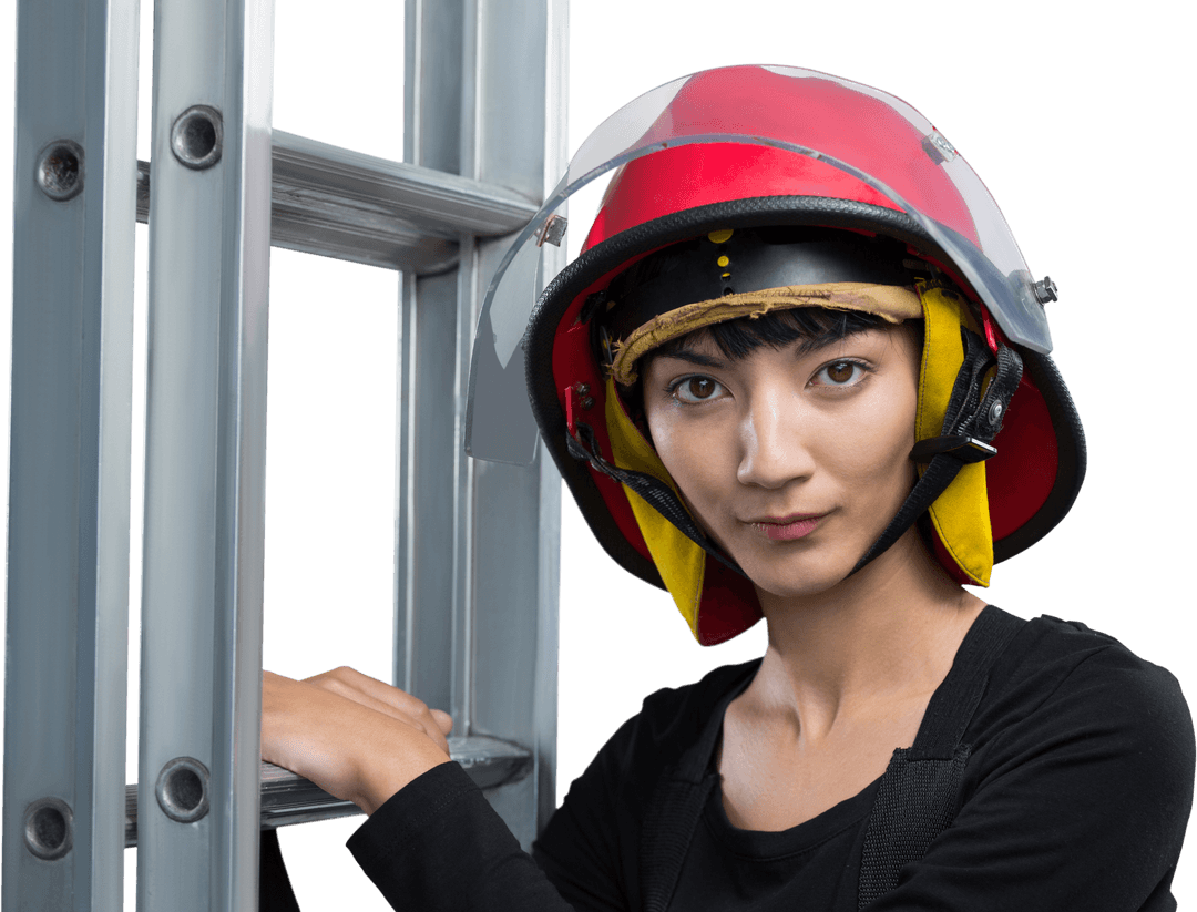 Confident Female Architect in Safety Gear Holding Transparent Ladder