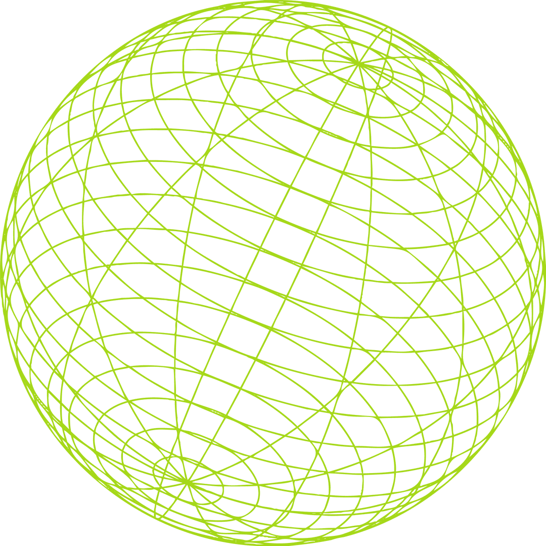 Wireframe Sphere with Lime Green Grid Lines on Transparent Background