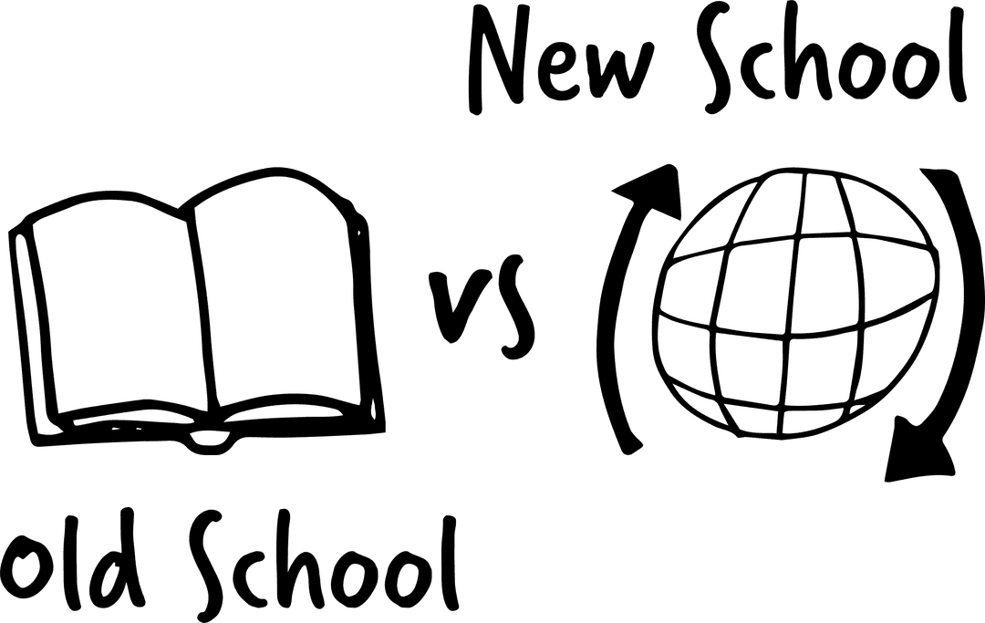 Old School New School Text with Book and Globe Illustration Transparent
