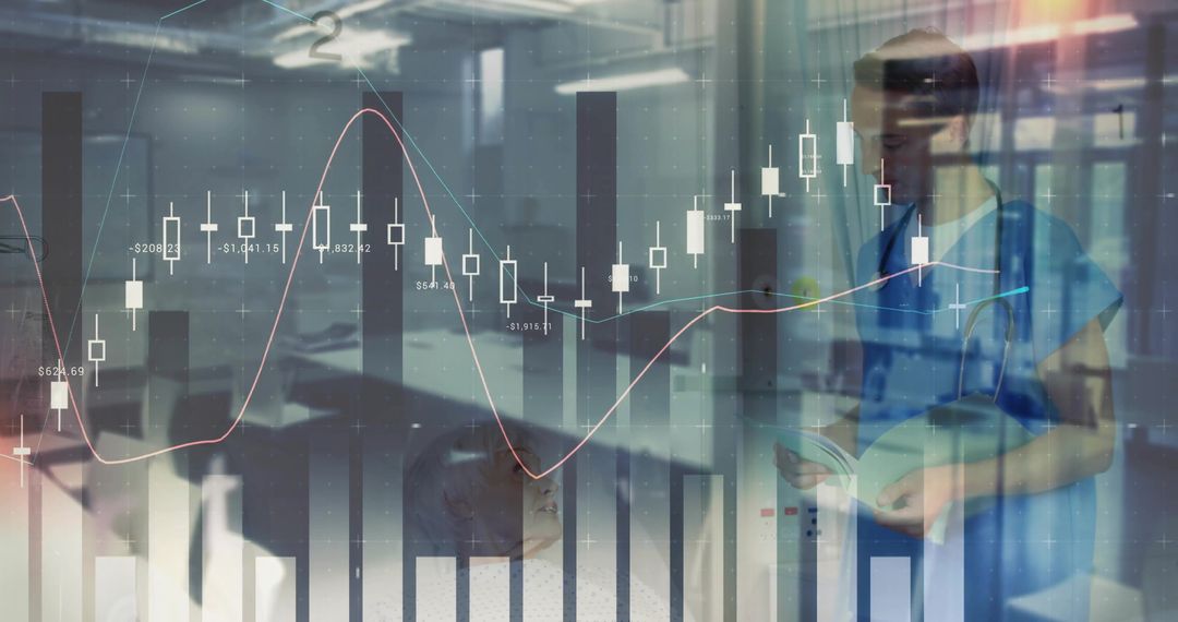 Doctor Analyzing Medical Data with Financial Graph Overlays in Dynamic Office