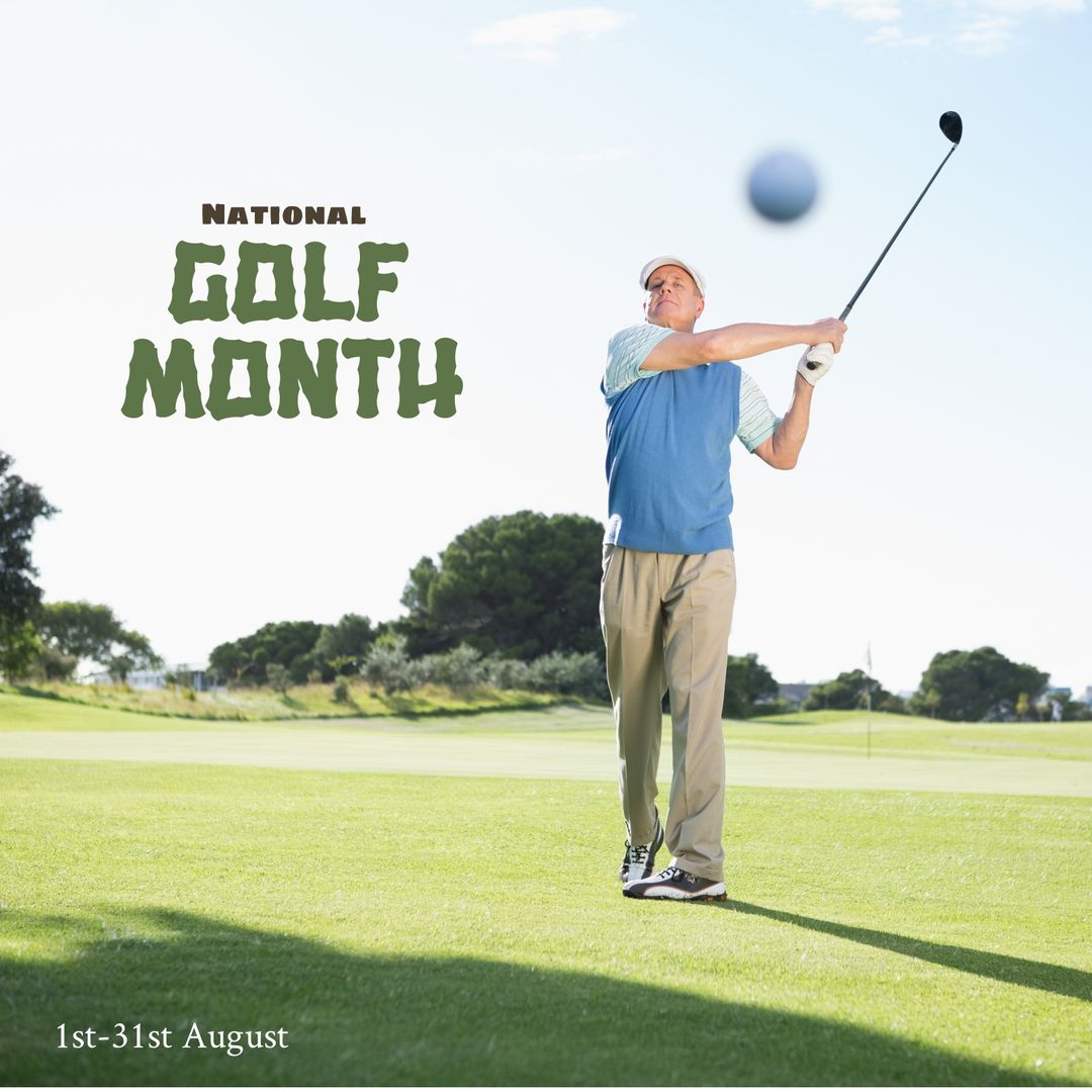 Mature Man Celebrating National Golf Month on Course in August - Download Free Stock Templates Pikwizard.com