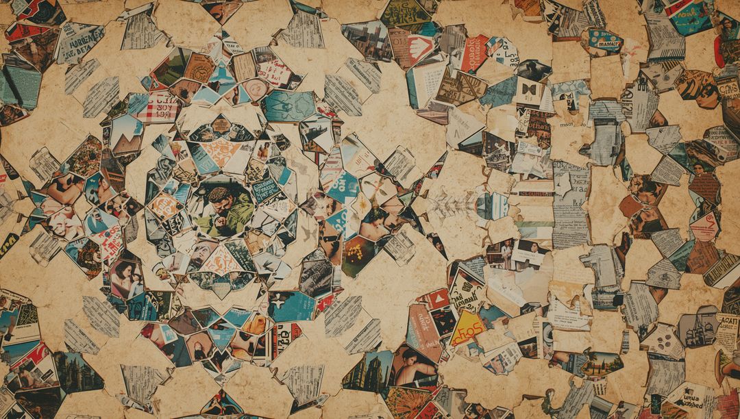 Vibrant Abstract Starburst Collage of Torn Magazine Clippings