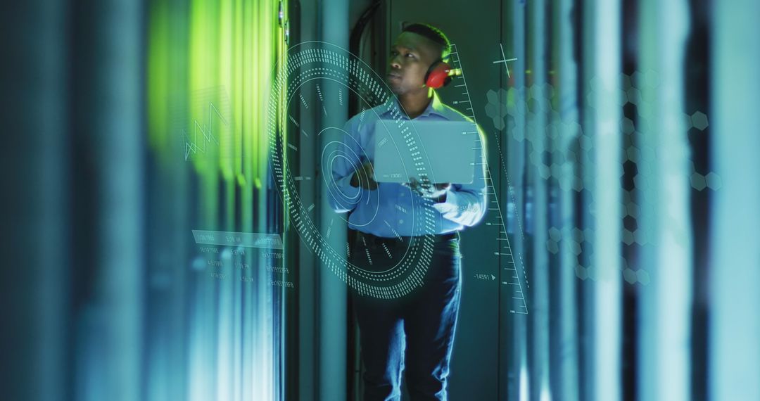 Engineer Monitoring Data Insights in Futuristic Server Room