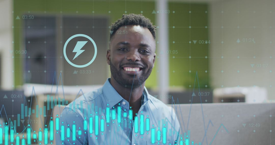 Smiling Businessman with Data Graphics in Modern Office