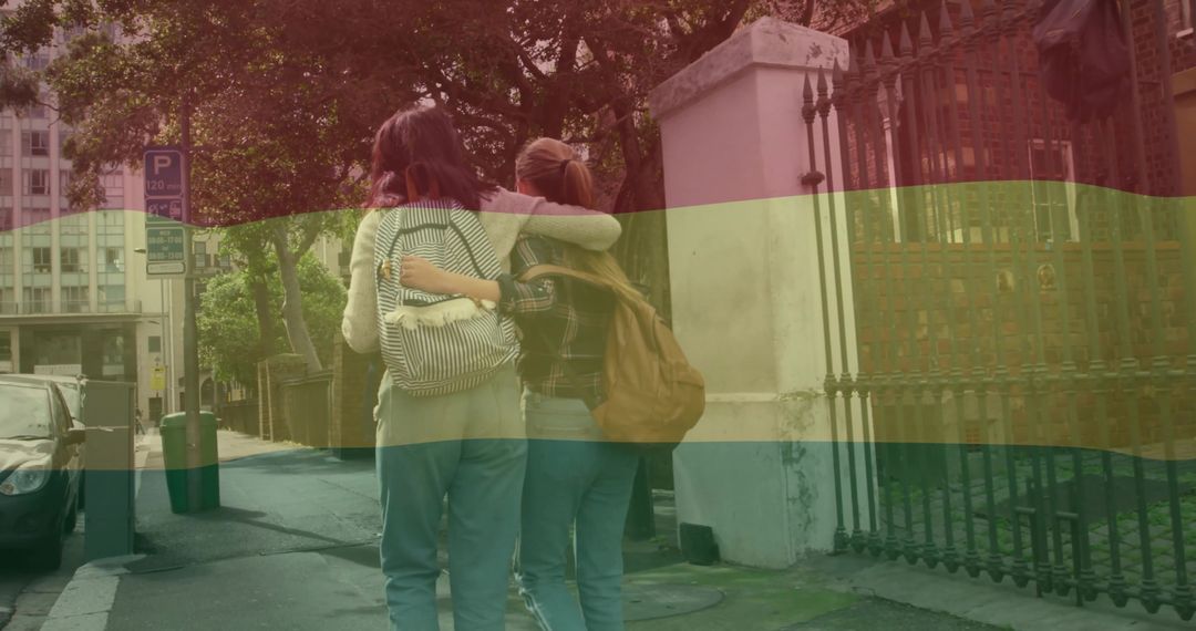 Teenagers Walking Upright on City Sidewalk with Linked Arms