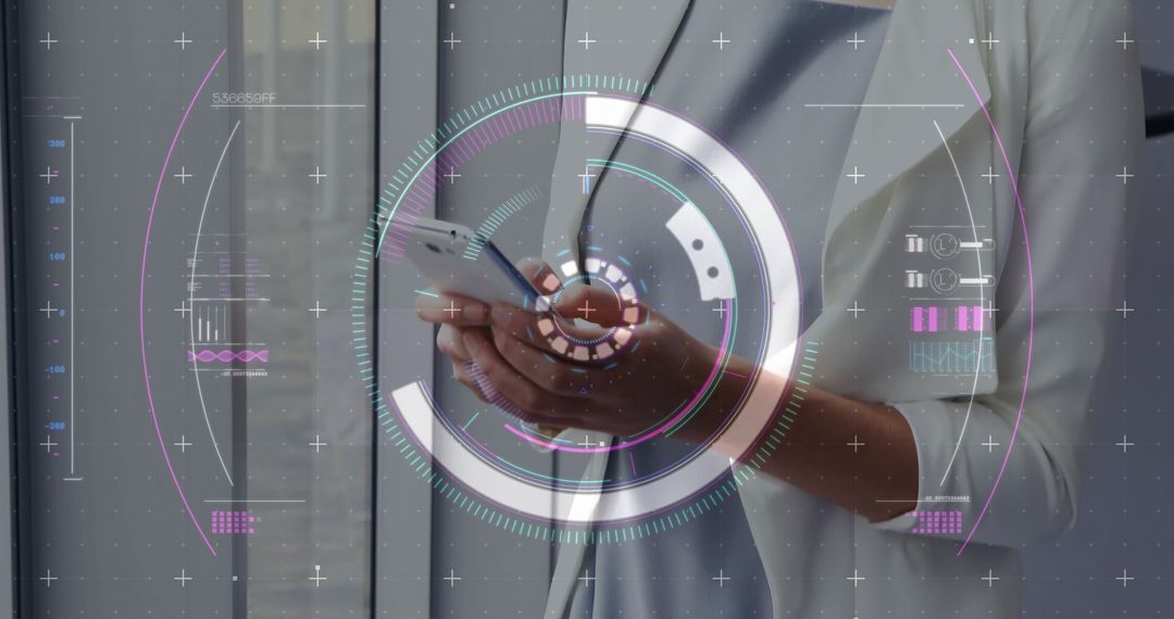 Woman Using Smartphone with Futuristic Data Interface