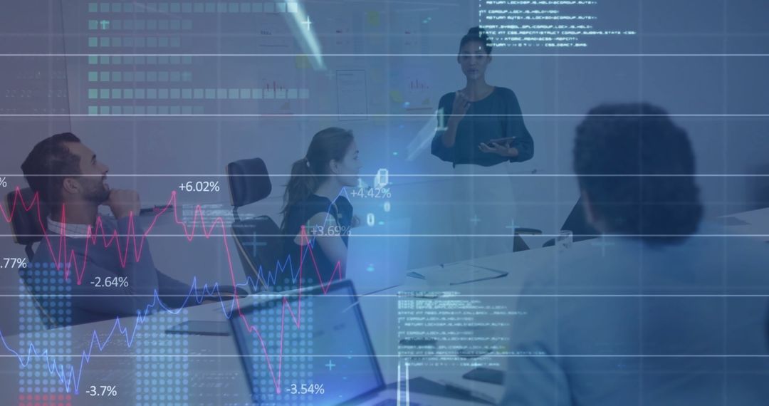 Analysis and Strategy Meeting with Financial Data Overlay