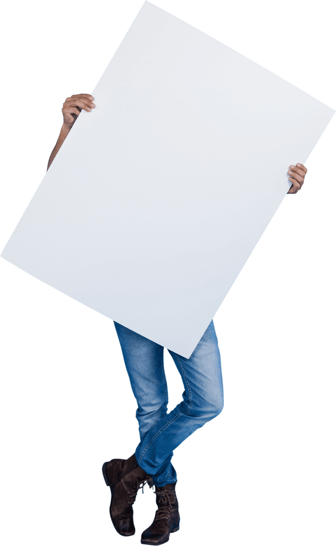 Man Holding Blank Cardboard on Transparent Background