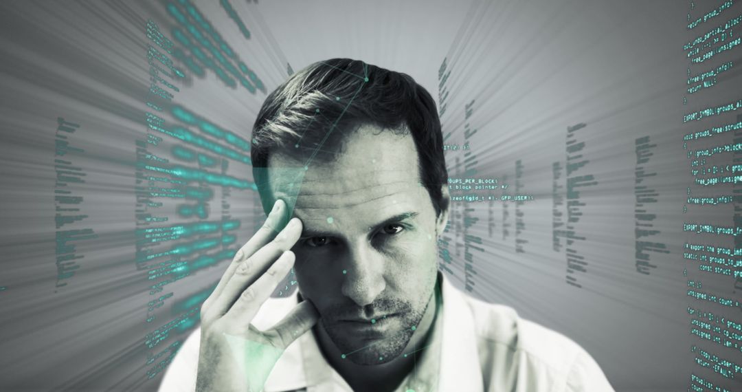 Man Contemplating Data with Digital Overlay Futuristic Technology
