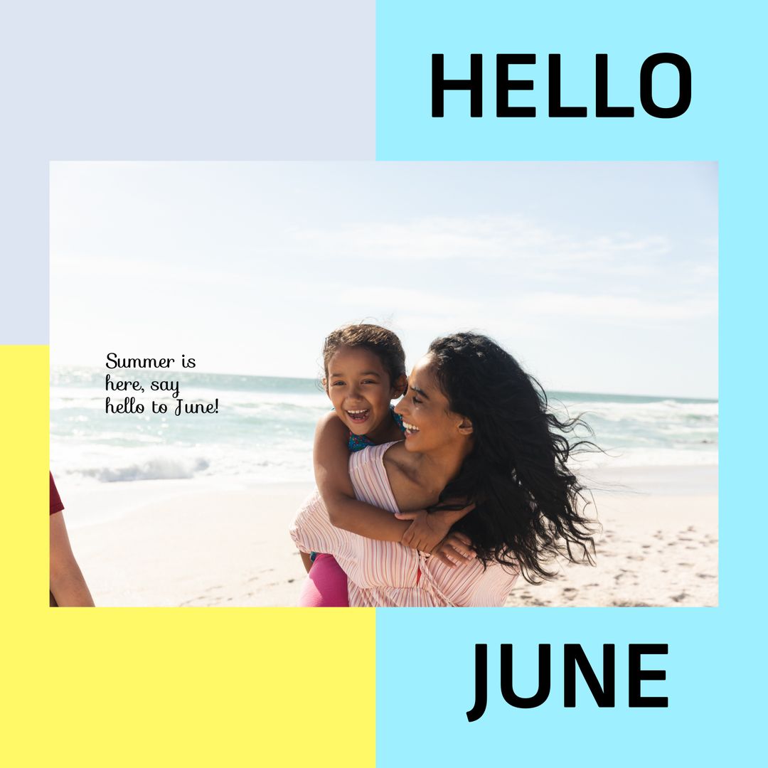 Mother and Son Laughing by Ocean with 'Hello June'