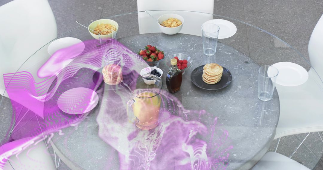 Minimalist breakfast table featuring pancakes, juice, cereal and fruit with magenta overlay