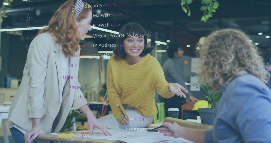 Collaborative Team Discussing Ideas in Modern Office with Digital Overlay