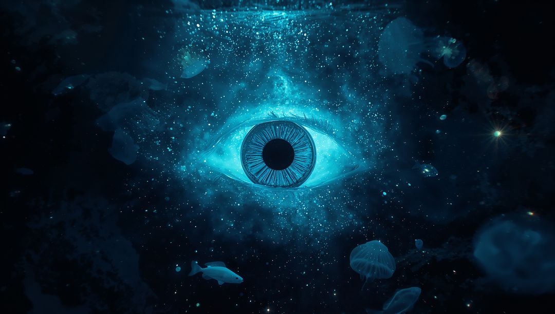 Glowing Celestial Eye in Aquatic Fantasy Realm