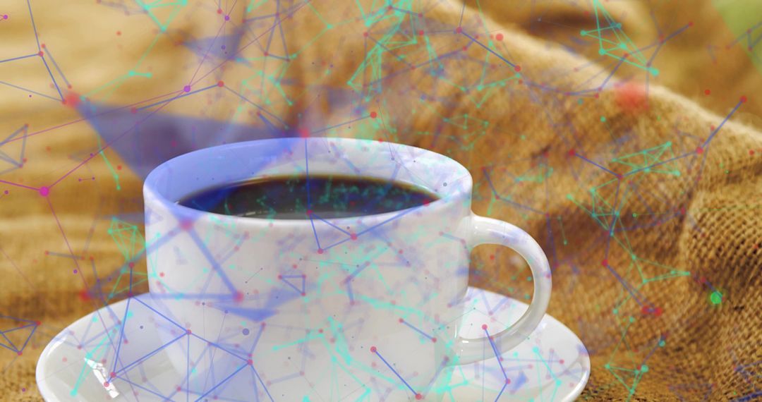 Rustic ceramic coffee cup on burlap blending cozy warmth with digital network overlay