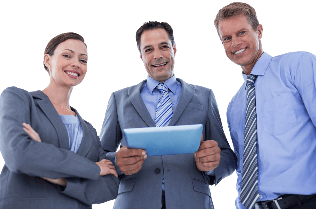 Transparent Business Team with Tablet Displaying Confidence