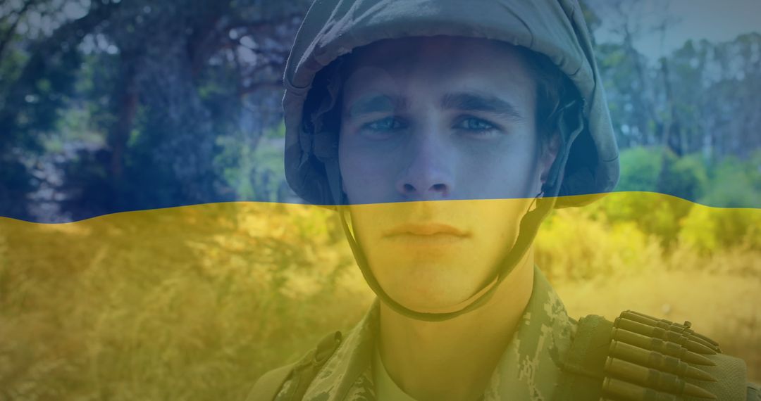 Ukrainian Soldier with Overlay of National Flag in Forest