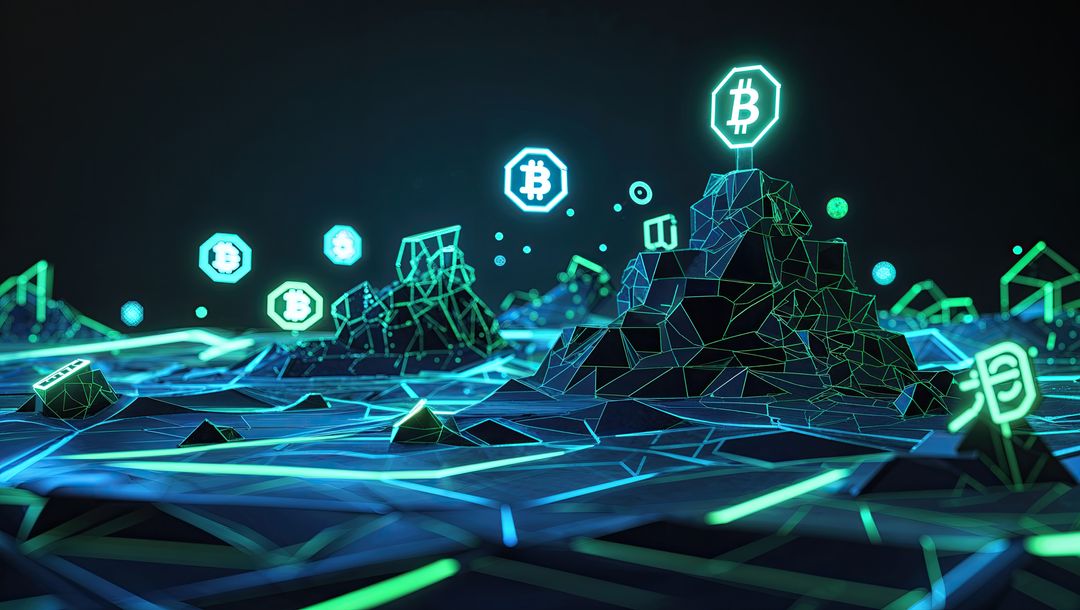 Futuristic Digital Landscape with Bitcoin Symbols and Nodes