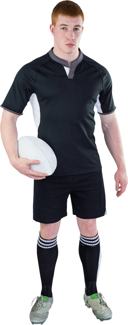 Transparent Portrait of Rugby Player Holding Ball with Confidence