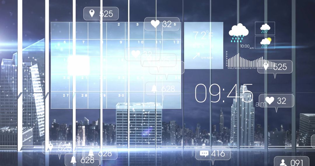 Futuristic Interface Display Over City Skyline with Calendar and Icons