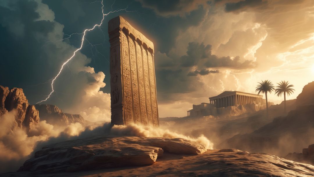Mystical desert monolith generating lightning, ten commandments concept
