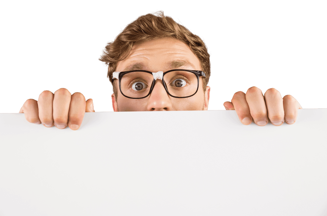 Transparent Geeky Hipster Peeking Over White Card Background