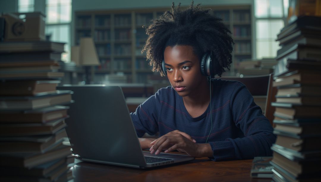 Focused Student Using Laptop in Library with Headphones