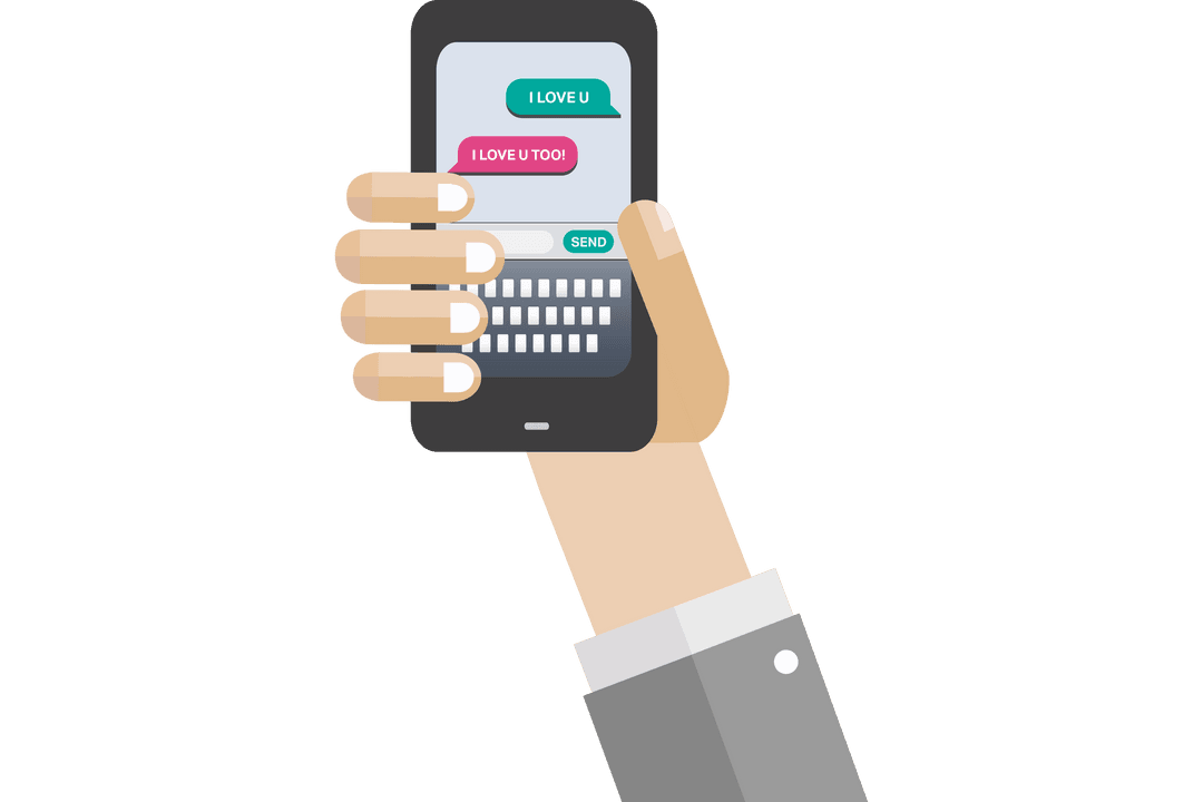 Hand Holding Smartphone Displaying Romantic Chat on Transparent Background